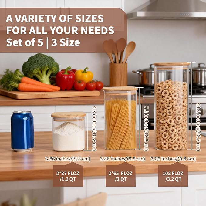 77L Glass Storage Containers with Lids [Multi-Size Set of 5], Airtight Glass Canisters for Kitchen & Pantry Organization, Clear Food Jars for Pasta, Cereal, Flour, Sugar, Coffee, Nuts & Snacks