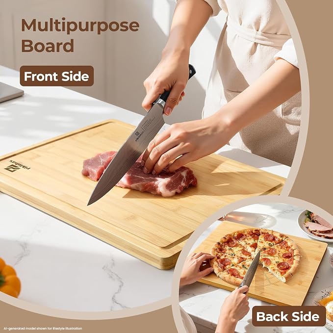 Piklohas Large Bamboo Cutting Boards Set of 4 for Kitchen, Bamboo Charcuterie Chopping Board with Holder Non Slip, Steak Serving Tray with Juice Groove, Big Butcher Block for Cheese, Ideal for Gift