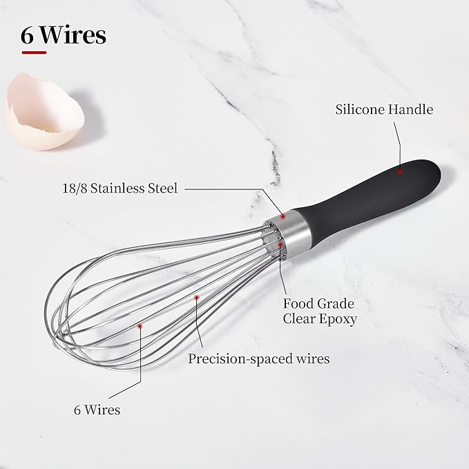 Small Whisk: Stainless Steel 9in Wire Balloon Wisk Kitchen Egg Whisker Heavy Duty Hand Mixer for Cooking Baking Whipping Blending Mixing Stirring Sauce, Flour, chocolate (Black)