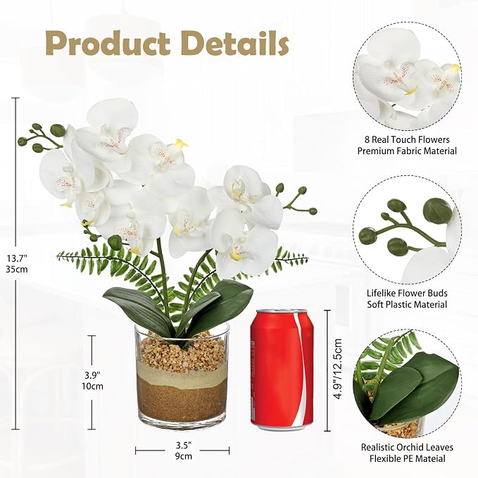 Oairse White Orchids Artificial Flowers with Vase Faux Orchids Plant in Pot | 13.7“ Phalaenopsis Orchid Flower Arrangements White Centerpiece for Kitchen Dining Room Table Bathroom Shelf Desk Decor