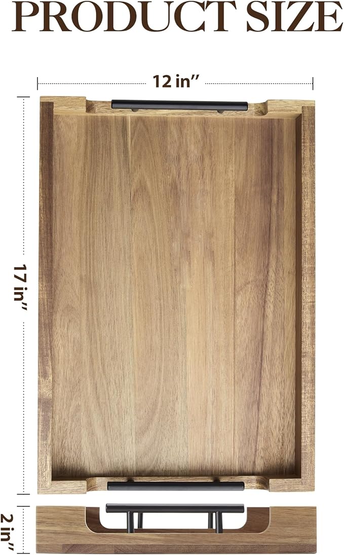 GarveeHome Acacia Serving Tray with Metal Handles, 17 in Wood Serving Tray for Coffee Table Liquor Bar, Coffee Serving Tray Toiletry Platter, Storage Tray for Ottoman Kitchen Bedroom Bathroom
