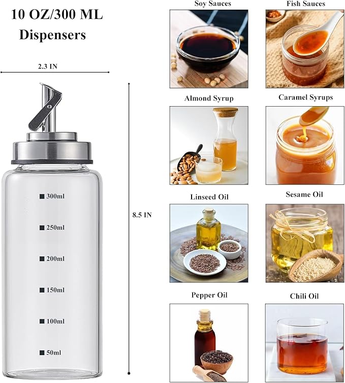 Verdental 10 oz Glass Olive Oil Dispenser Bottle for Kitchen Stainless Steel Cruet Pourer Spout for Oil Vinegar Coffee Syrup Soy Sauce Other Liquids with Non-slip Silicone Ring and Labels (300ml)