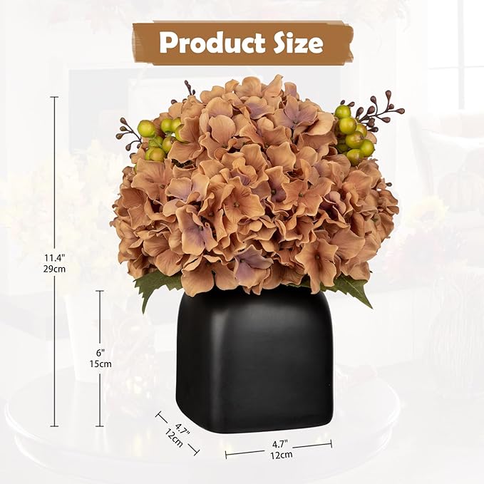 Briful Hydrangea Artificial Flowers in Black Square Ceramic Pot, Brown Silk Hydrangea Flowers Realistic Potted Fake Flowers with Berries for Home Decor Indoor Wedding Table Centerpieces