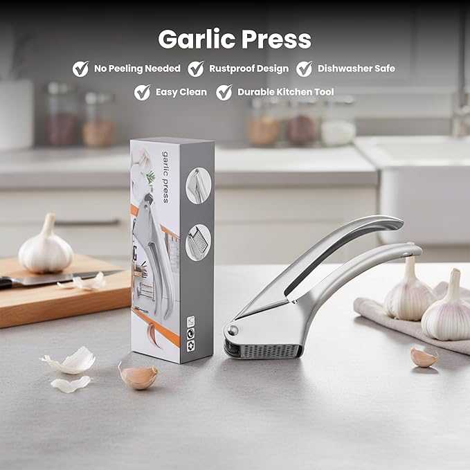 KUYRA Garlic Press Stainless Steel – Heavy Duty No-Peel Garlic Crusher & Mincer, High Capacity Chamber, Rust-Free 304 Steel, Easy Clean & Dishwasher Safe Clove Crusher & Hand Mincer