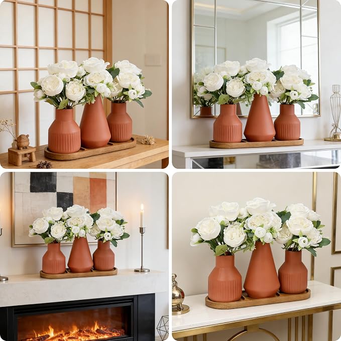 Flower Table Centerpiece - Dining Table Centerpiece Decor Set of 3 Fake Peonies in Ceramic Vases & Wood Tray Modern for Kitchen Island Living Room Coffee Table Home Decor (White)