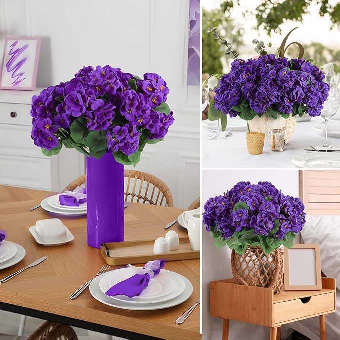 Hananona Artificial Geranium Flowers for Outdoors Geranium Silk Flowers Outdoor UV Resistant Garden Plants Faux Flowers for Home Kitchen Table Centerpieces Decor (6, Purple)