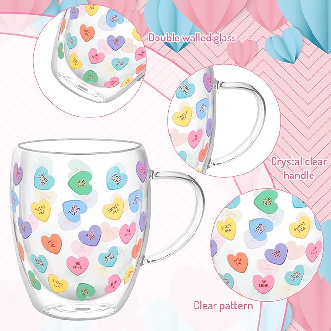 JarThenaAMCS Valentine' s Day Double Wall Glass Coffee Mugs Insulated Glasses 12Oz Candy Conversation Heart Clear Espresso Cups with Handle for Home Holiday Supplies, Set of 2