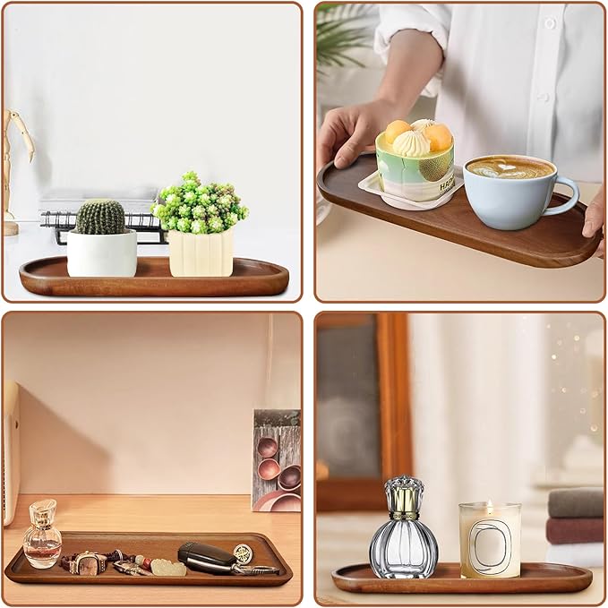 Set of 5 Acacia Wooden Trays 11.41×4.1inch Small Serving Tray Wood Rectangular PlateKitchen Fruit Salad Cheese Coffee Appetizer Decorative Platter Bathroom Countertop Bench Tray (Rectangular 5Pcs)