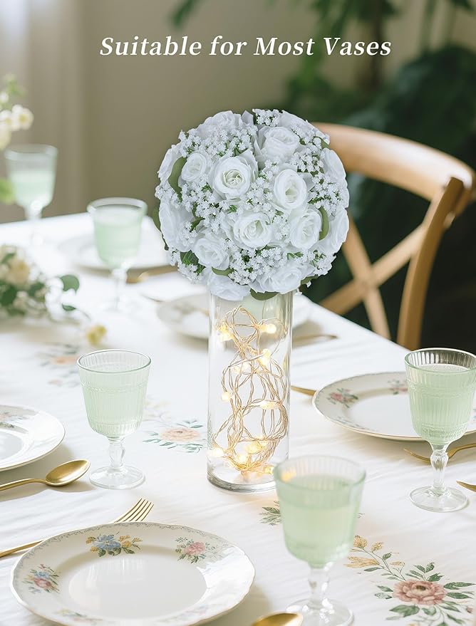 BLOSMON White Flower Balls for Centerpieces: 2 Pcs Rose Babys Breath Artificial Flowers Centerpiece for Home Table Decor - Faux Silk Kissing Floral Arrangements for Wedding Party Event Decoration