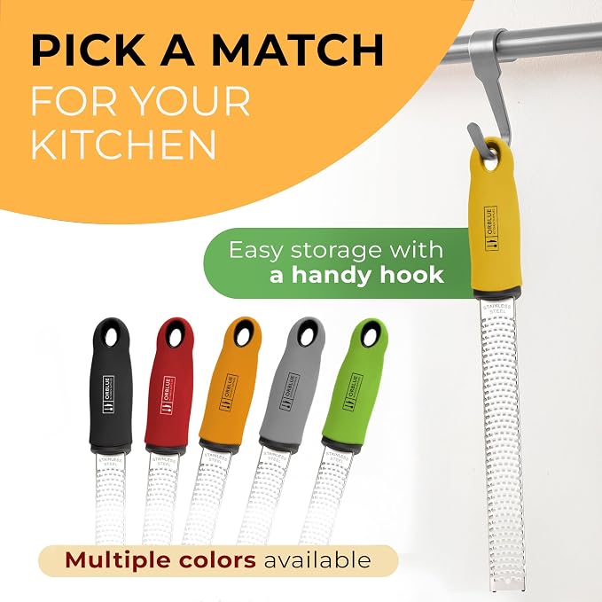 Orblue Lemon Zester & Cheese Grater - Premium Citrus Zester, Kitchen Grater for Parmesan, Chocolate, Fruits, Vegetables, Ginger, Garlic, Nutmeg - Stainless Steel Blades with Protective Cover, Yellow