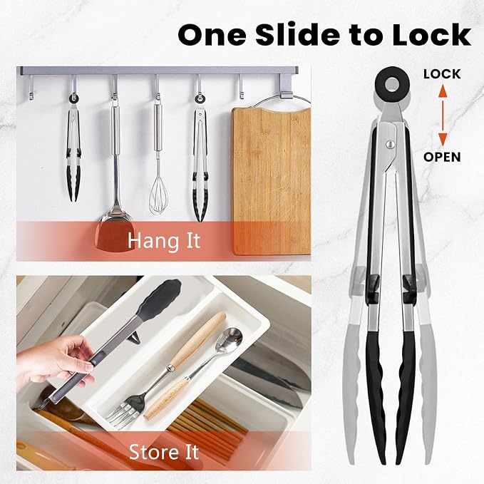 Kitchen Tongs Set of 2 (9” & 12”) – Stainless Steel & Silicone Cooking Tongs with Built-in Stand & Dishwasher Safe – Heat Resistant up to 600°F – Perfect for Grilling, BBQ, Salad & Frying