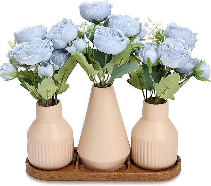 Flower Table Centerpiece - Dining Table Centerpiece Decor Set of 3 Fake Peonies in Ceramic Vases & Wood Tray Modern for Kitchen Island Living Room Coffee Table Home Decor (Blue)