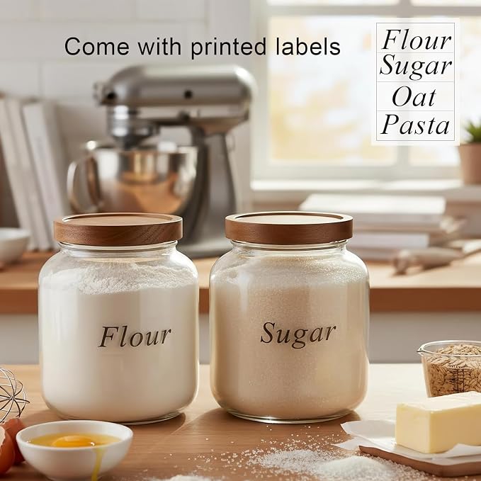 Set of 2 Cookie Jars with Airtight Lid, 1/2 Gallon Glass Jars with Acacia Wooden Lid, 64 oz Wide Mouth Mason Jar for Coffee, Sugar, Candy, Pasta, Oats