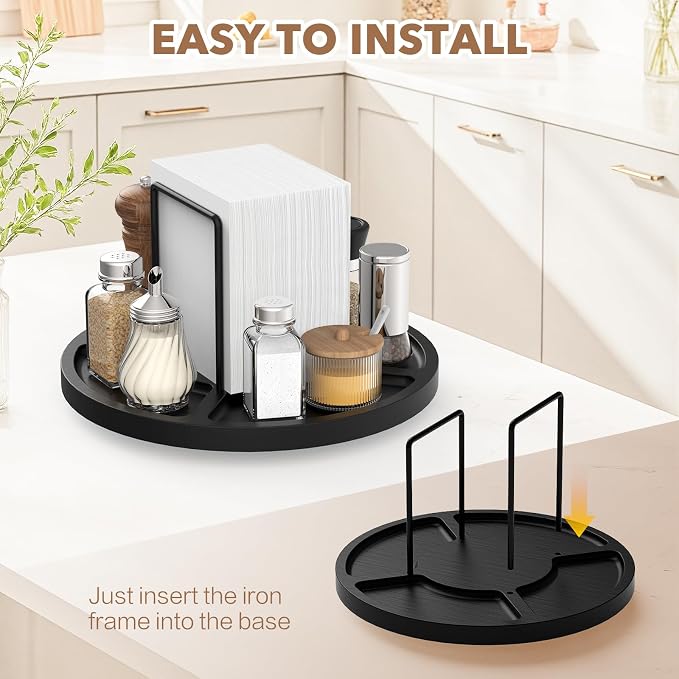 Napkin Holder for Table, Rotating Napkin Dispenser with Salt and Pepper Shakers Storage, Standing Paper Napkin Organizer for Kitchen Dining Table Decor (1, Black Round)