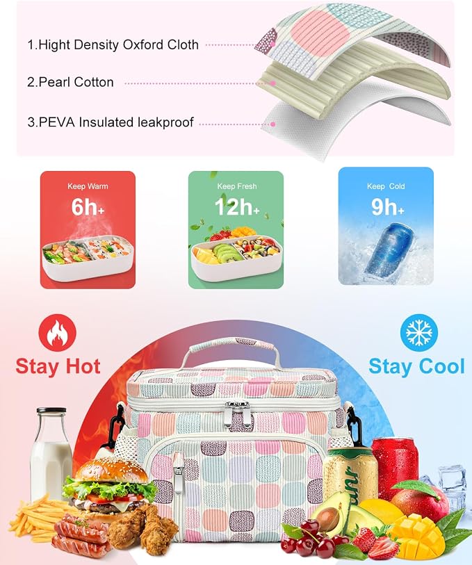 Insulated Lunch Bag for Men & Women, 9L Leakproof Lunch Box Soft Cooler Tote with 5 Pockets, 600D Oxford, EVA Lining, Adjustable Strap for Work, Picnic, Beach&Travel-Corduroy Colorful Plaid