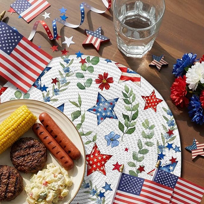 4th of July Round Placemats Set of 8 Patriotic Star Floral Place Mats Independence Day Woven Placemat Green Eucalyptus Leaves Circle Braided Table Mat for Kitchen Dining Table Party Decor 15 Inch