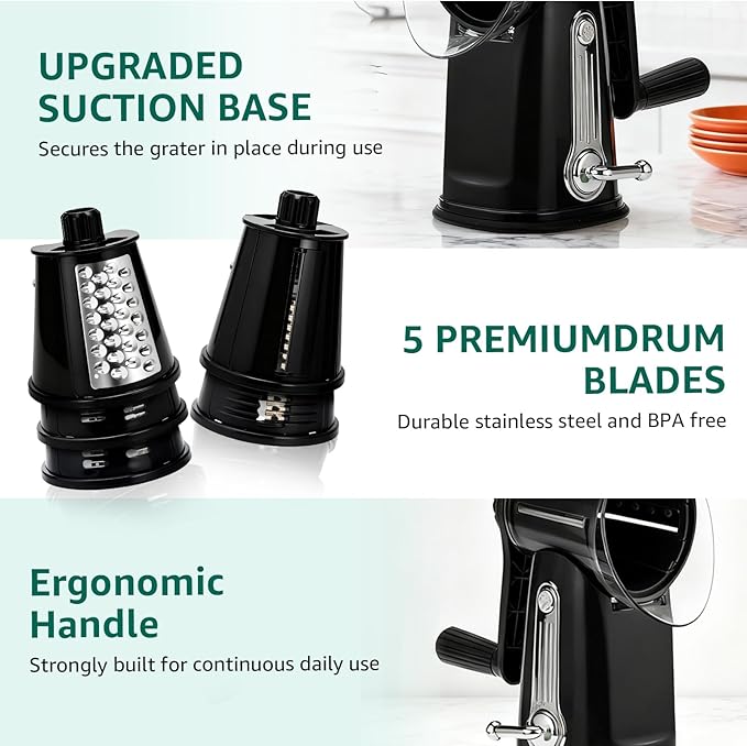 Rotary Cheese Grater Hand Crank - Cheese Shredder with 5 Blades & Strong Suction Base, Mandoline Slicer Vegetable Chopper, Kitchen Gadgets with Storage Box, Black