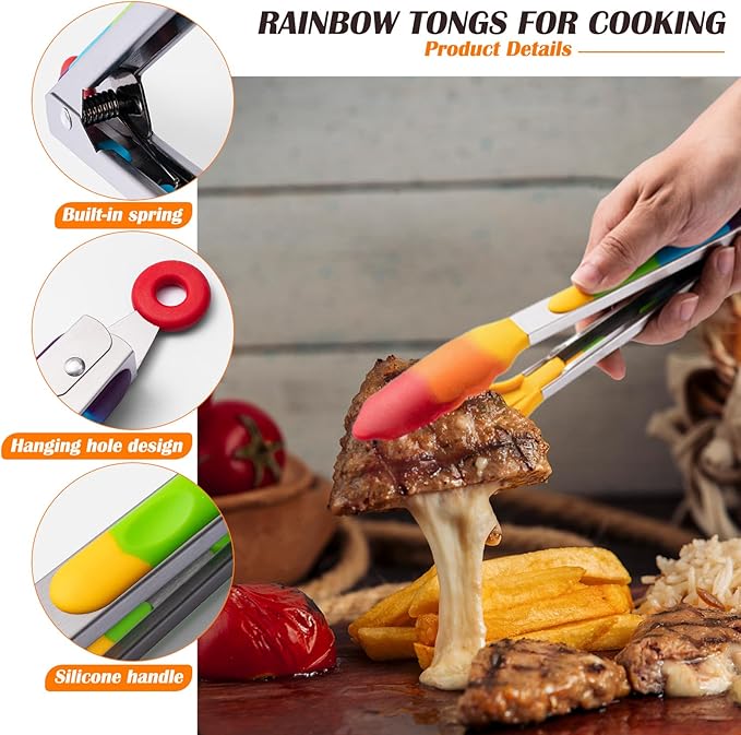Rainbow Tongs for Cooking, Heat Resistant Stainless Steel Kitchen Tongs with Silicone Tips, 9 & 12 Inch Silicone Tongs, Set of 2