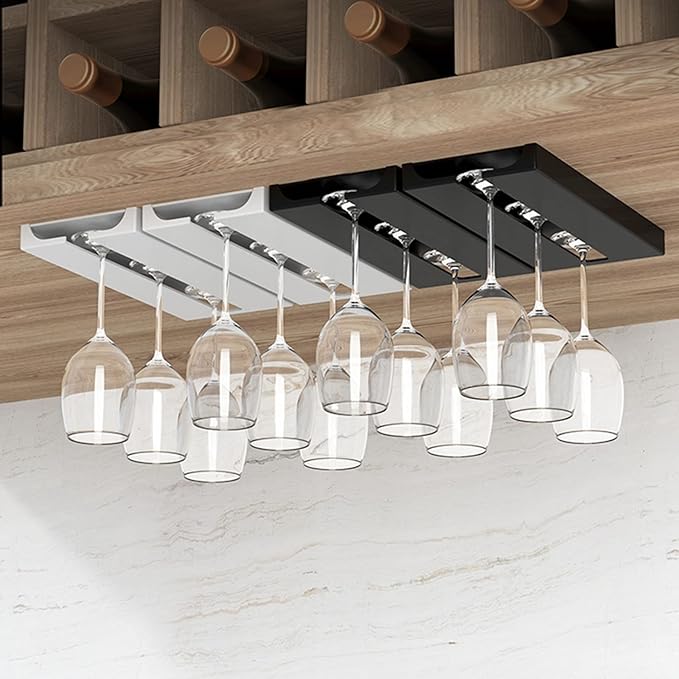 V3VOGUE 2 Pack Wine Glass Holder Under Cabinet, Punch-Free Wine Glass Rack, Plastic Hanging Stemware Holder Stemware Storage Drying Rack, for Restaurant Kitchen Bar Stemware (Black, White)