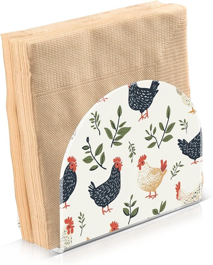 Farm Chicken Hens with Leaves Beige Napkin Holder for Table Acrylic Vertical Napkin Holders for Paper Napkins Decorative Napkin Dispenser for Home Party Dining Cocktail Kitchen Accessories, 2 Pack