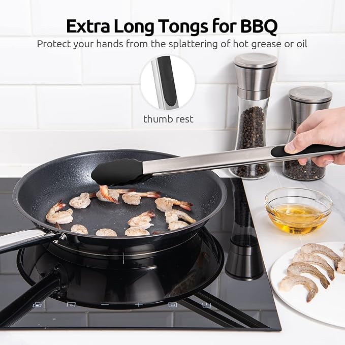 600ºF Heat Resistant Kitchen Tongs: U-Taste 16 inch Extra Long Large Silicone Cooking Tong with Sturdy Non Stick Rubber Tips & Non Slip Silicon Coated 18/8 Stainless Steel Handle for Grill BBQ (Black)