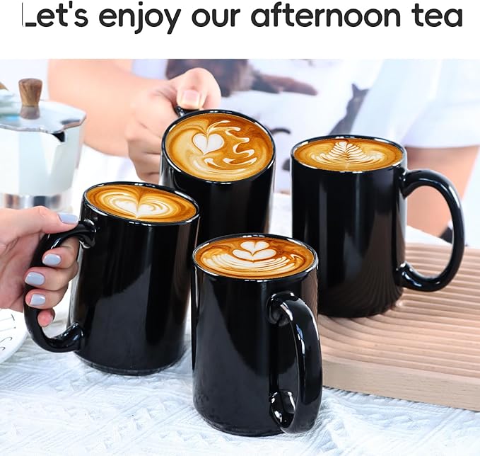 16 OZ Porcelain Coffee Mugs, Classic Blank Ceramic Cup with Large Handle for Tea Latte Cappuccino, Set of 4, Black