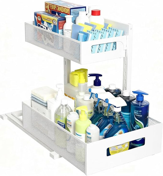 Under Sink Organizer, Adjustable Height 2 Tier Under Sink Organizers and Storage Multi-Purpose Under Sink Storage for Bathroom Kitchen