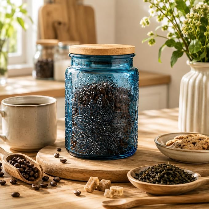 ANSQU Blue Glass Canister with Lid, 23.7 oz Vintage Embossed Glass Jar, Airtight Food Storage Container for Coffee Beans, Tea, Sugar, Candy, Cookies, Decorative Kitchen Pantry Organizer