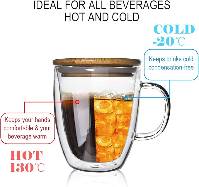 Glass Coffee Mug Double-walled Borosilicate Glass Cup for Hot or Iced Coffee, Milk, Tea (16 Oz Bamboo Lid)