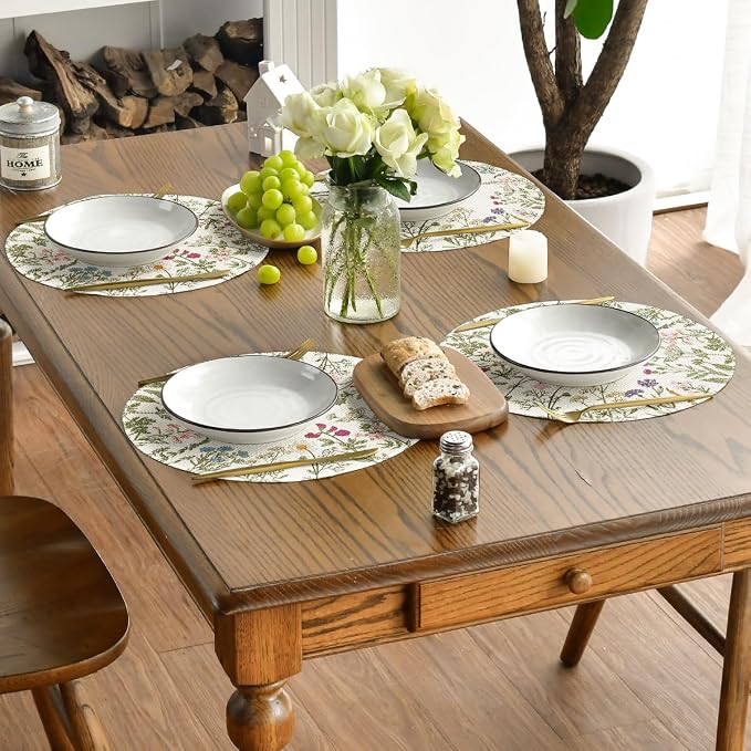 Artoid Mode Antique Herbs Wild Flowers Spring Round Placemats Set of 6, 14 Inch Summer Round Table Mats for Dining Decoration