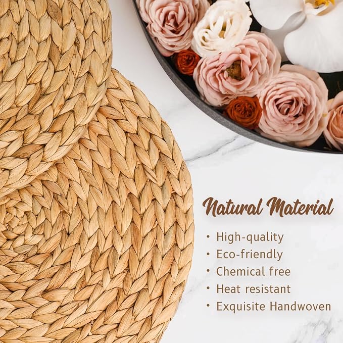 13.8 in Round Boho Placemats Set of 6, Woven Plate Chargers for Dining Table Decor Farmhouse Rustic Rattan Wicker Table Mats Chargers for Dinner Plates Jute Braided Place Mats