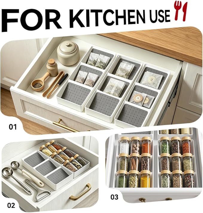 Spice Drawer Organizer,8 Pack,3 Tier Non-Slip Silicone Seasoning Jar Drawer Insert,Spice Rack Organization for Drawer,Kitchen Spice Rack Tray for Cabinet Countertop Makeup Storage