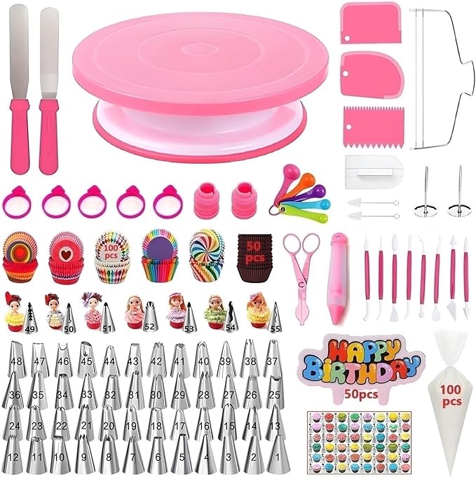 Cake Decorating Kit, 390 Pcs Baking Supplies Tools with Cake Turntable, Leveler, 55 Numbered Icing+Skirt Tips, 2 Spatulas, 3 Scrapers, 100 Pastry Bags,150 Cupcake Liners & More, (Pink)
