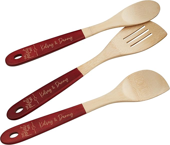 Personalization Universe The Perfect Mix Personalized Red-Handled Bamboo Cooking Utensils- 3pc Set