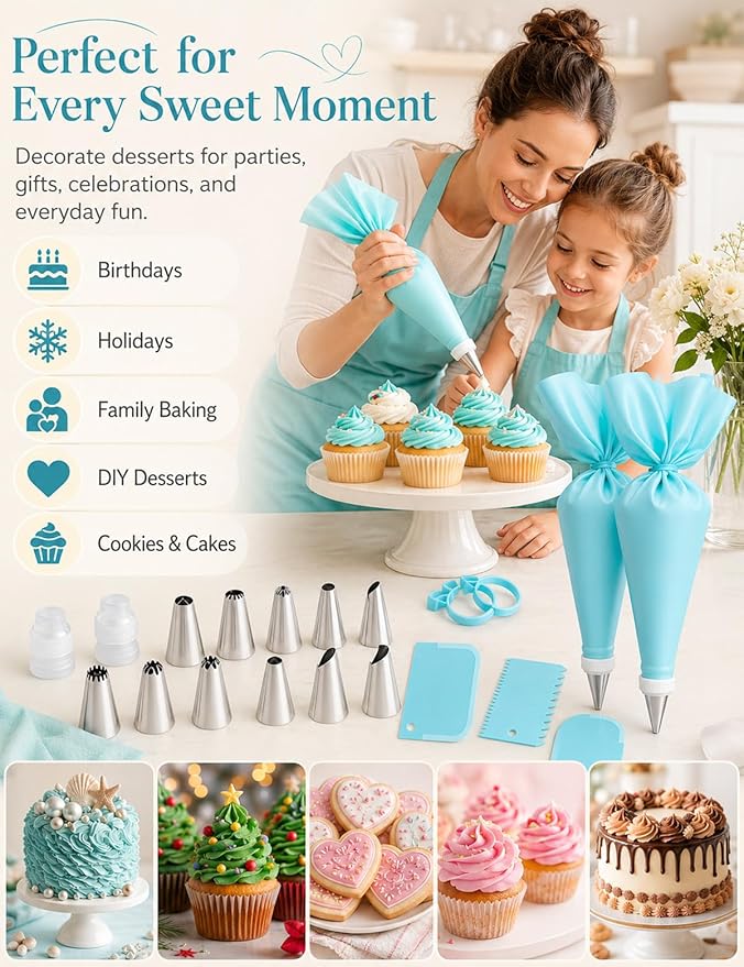 Piping Bags and Tips Set, Reusable Cake Decorating Supplies with 2 Reusable Bags, 12 Icing Tips, 2 Silicone Rings, 2 Couplers and 3 Scrapers, Cake Baking Tools for Cookie Icing Cupcakes