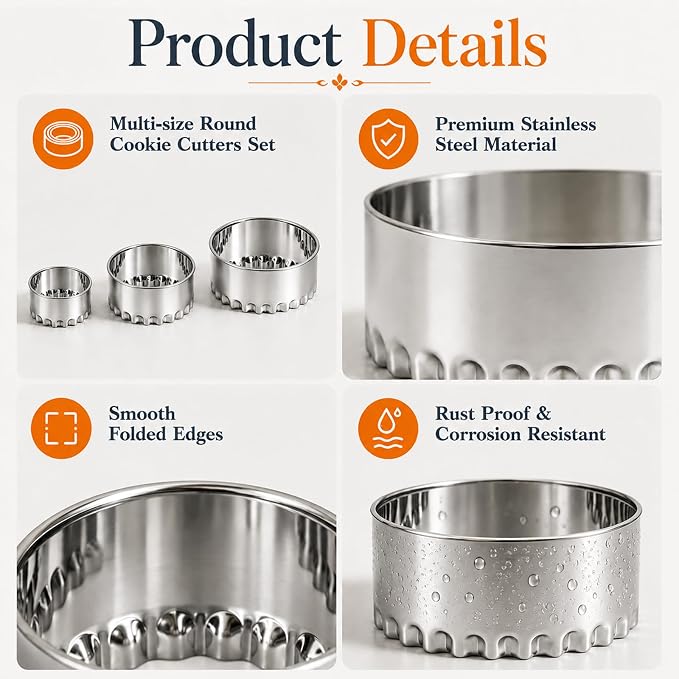 Biscuit Cutters, Round Cookie Cutters/Stainless Steel Dumpling Cutters/Cake Pastry Cutters/Scone Cutters Molds stamps for Cooking Baking (3Pcs, Fluted Edge)