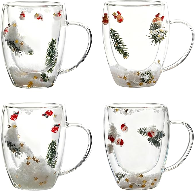 Christmas Glass Coffee Mugs Set Of 4-12oz Double Wall Insulated High Borosilicate Glasses Mugs With Handle For Latte,Cappuccino,Tea Bag
