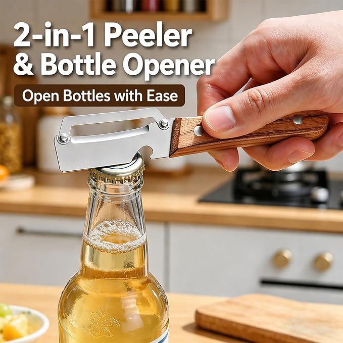 2 PCS Multifunctional Vegetable Peelers for Kitchen, 2026 Upgraded Stainless Steel Peeler with Bottle Opener, Wooden Handle,Julienne Cutter, 2-in-1 Non-Slip Kitchen Tool for Potato, Carrot, Fruits