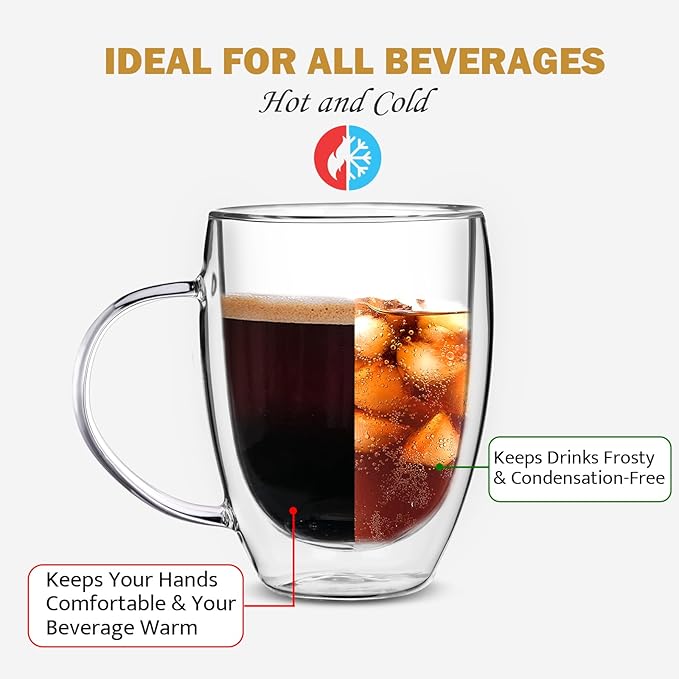 Double Wall Glass Coffee Mugs, Glass Coffee Mugs with Handle, Insulated Clear Coffee Mugs Set of 4, Perfect for Espresso, Cappuccino, Latte, Americano, Tea Bag, Beverage -12 Ounces
