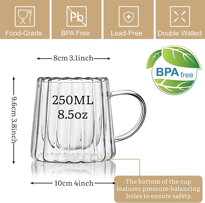 Joeyan Double Walled Glass Coffee Mugs,Latte Cappuccino Tea Cups with Handle,Insulated Borosilicate Espresso Shot Cups,Glass Milk Creamer Pitcher Frothing Cup Hot Beverage Glassware,8.5 oz,Set of 2