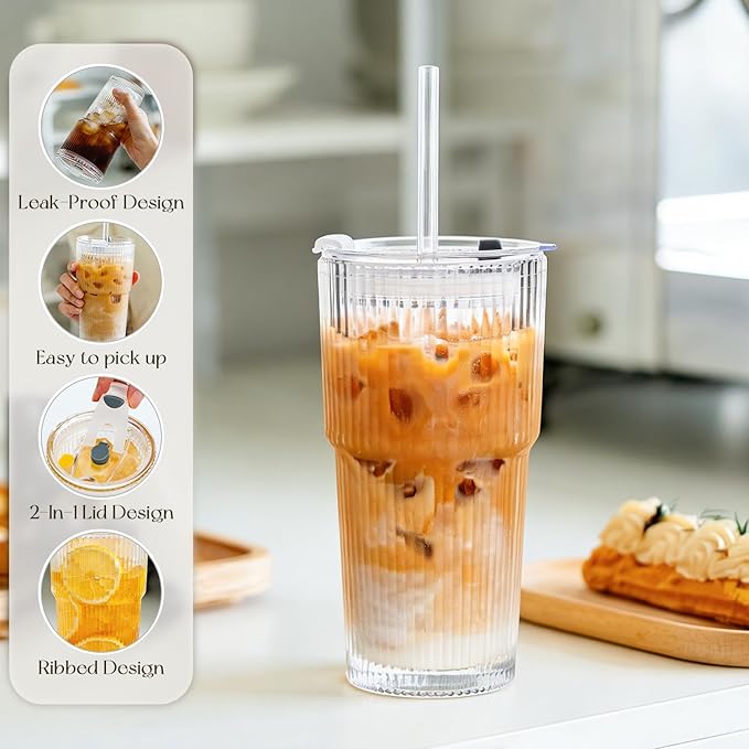 KEMORELA 4-Pack 20 oz Ribbed Glass Tumblers with Lids and Glass Straws – Vintage Iced Coffee Cups, Reusable Smoothie & Cocktail Drinking Glasses, Clear Glassware for Home or Cafe