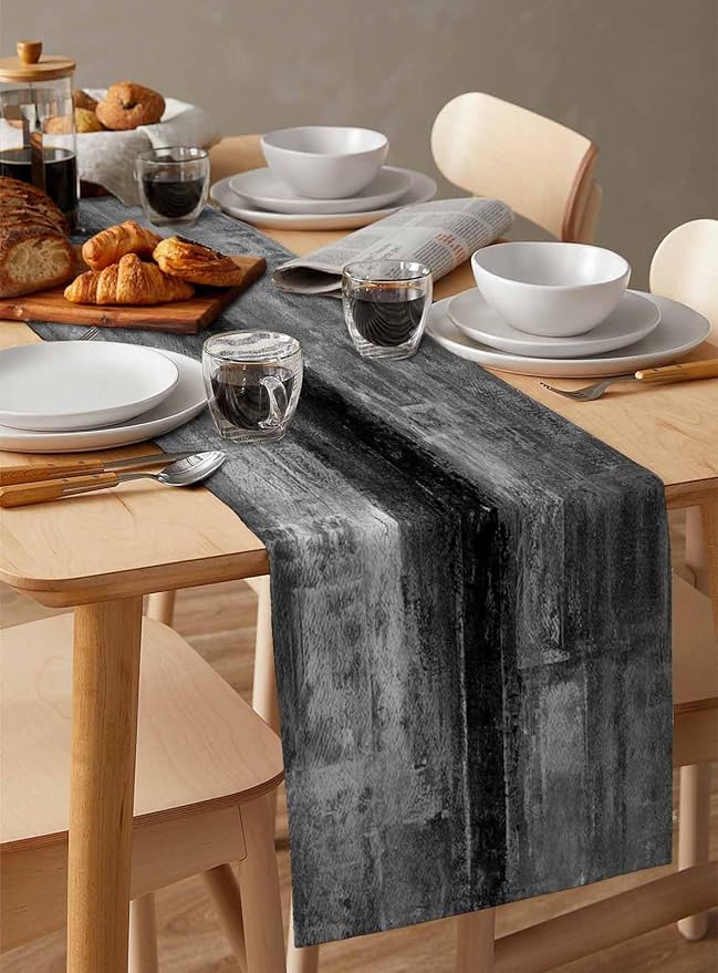 Vintage Black Table Runner - 90 Inch Long, Oil Modern Paintings Abstract Kitchen Dining Table Runner Dresser Scarves, Geometric Artwork Grey Black Tablerunner for Coffee Table Wedding Party, 13x90 in