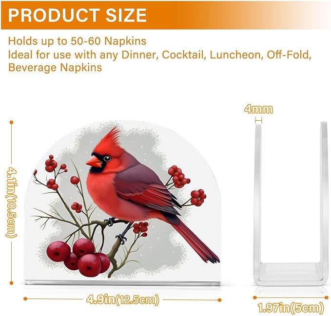 Winter Red Bird Napkin Holder for Tables Paper Cocktail Napkin Holders for Kitchen and Dinning, Acrylic Dinner Napkin Dispenser for Restaurant Home Decor Bar Accessories 1 Pack