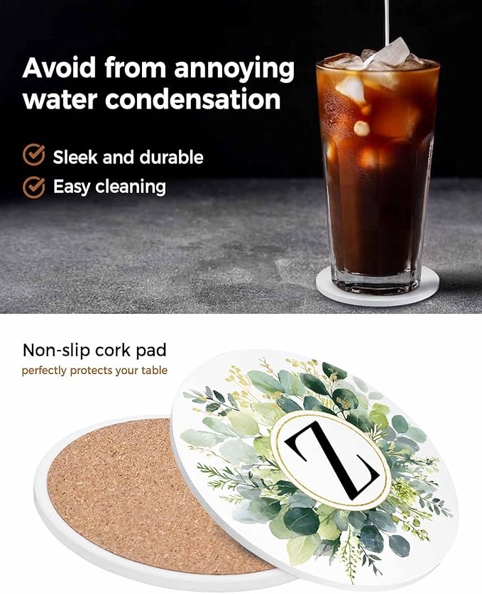 Coasters Set of 4 Letter Z Drink Coasters with Holder Absorbent Stone Ceramic Cup Mat Alphabet Green Eucalyptus Leaves Coaster for Drinks Coffee Bar Office Kitchen Cafe Home Decor