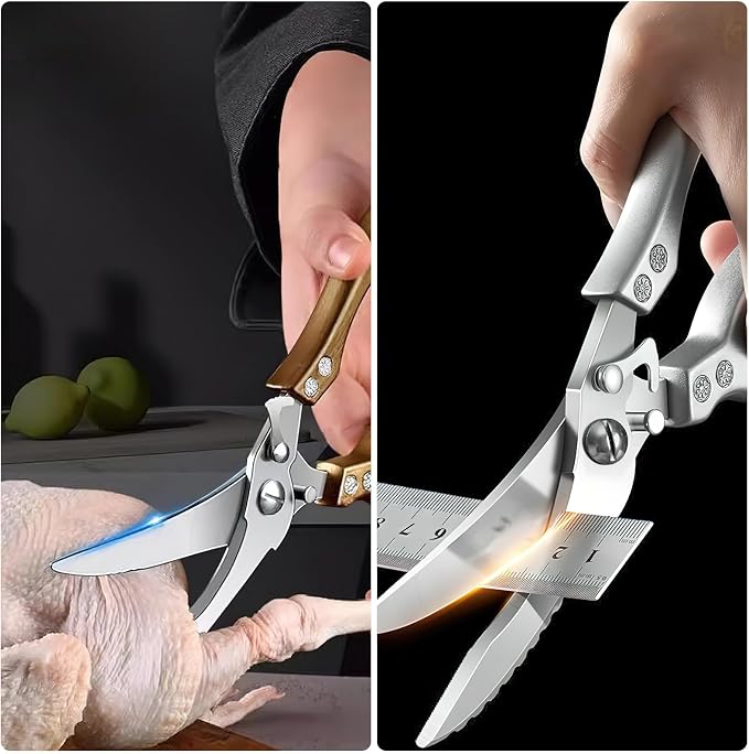 ZICOLU Poultry Shears Heavy Duty Professional, Multipurpose Kitchen Shears with Sheath, Spring-Loaded Stainless Steel Chef Scissors Cutting Bone, Chicken, Fish, Food, Meat, Full Steel Handle Brown