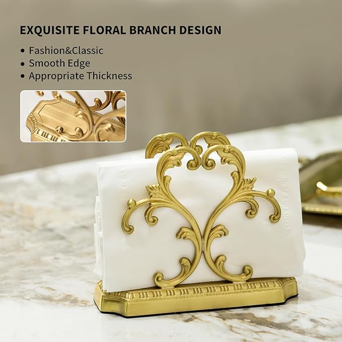 Luxurious Gold Napkin Holder for Table,Brass Napkin Holders for Paper Napkins & Kitchen Dining & Countertops, Cocktail Upright Napkin Holder Dispenser Suitable for All Room Decors