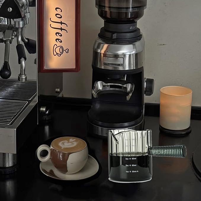 Glass Espresso Cup 6 OZ, Double Shots Measuring Cup with Glass Handle for Dishwasher Safe, Double V-Shaped Spout Milk Frothing Pitcher, Espresso Accessories for Machine, Demitasse Cups (Gray)