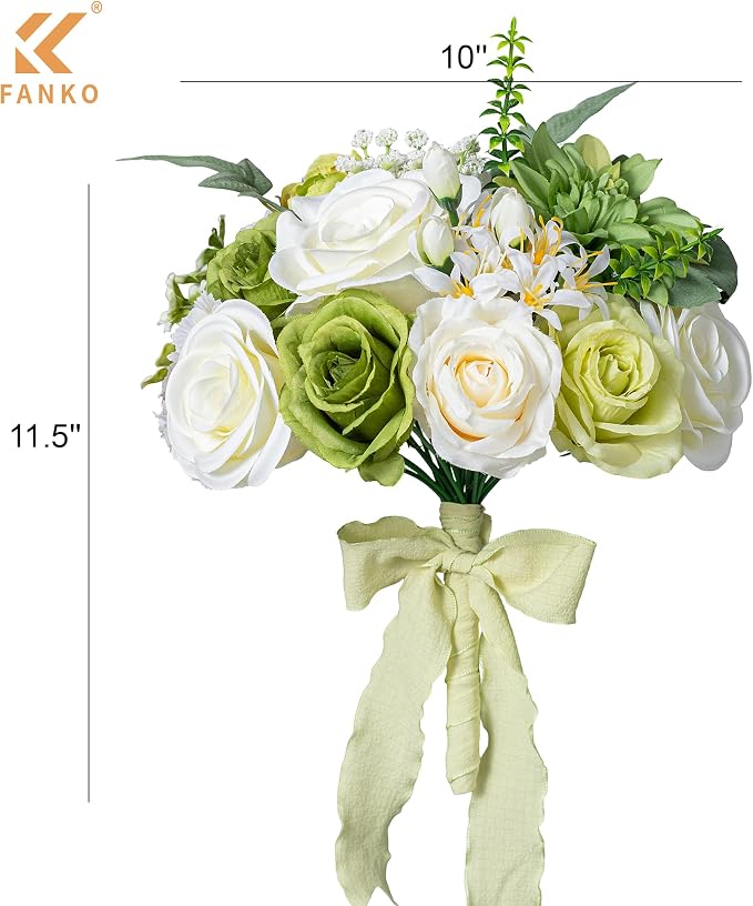 FANKO Artificial Flowers for DIY, Green White Faux Flowers Bouquet, Fake Rose Dahlia Daisy Hydrangea Silk Flowers for Vase, Home Decor, Garlands, Garden Wedding, Party, Housewarming