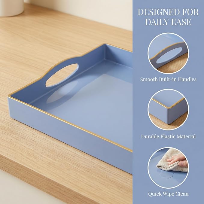 Blue Serving Tray with 4 Handles, Plastic Decorative Tray for Coffee Table, Ottoman - Ideal for Living Room & Bathroom. 15” x 11” x 1.9”