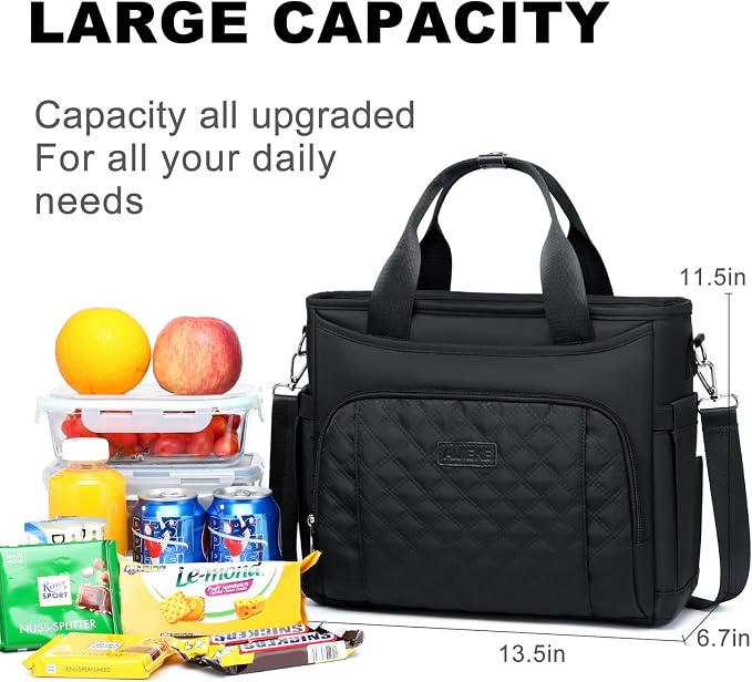 AIJIEKE Large Insulated Lunch Bag for Women Men, Work Lunch Box Tote, Black | Leakproof, durable multi-compartment cooler. Reusable with shoulder strap. Perfect for travel meal prep, picnic, beach